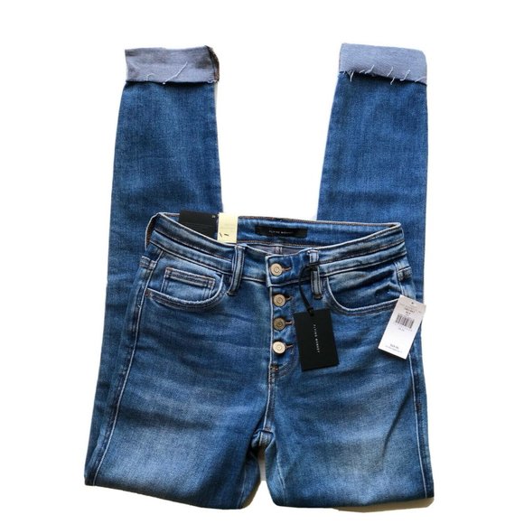 Flying Monkey Women's Blue Denim Distressed Mid-Rise Cuffed Ankle Skinny Jeans - Picture 2 of 12